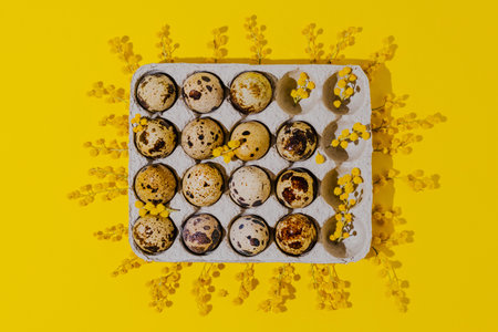 Quail eggs in a box with mimosa flowers on a yellow backgroundの写真素材