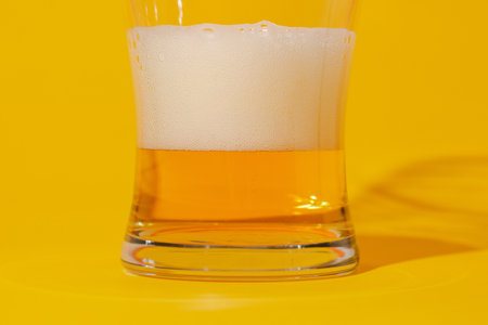 Glass of beer on a yellow background. White foam cap.の写真素材