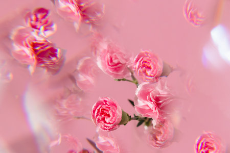 Abstract background of beautiful pink flowers. Soft focus and shallow DOF. Kaleidoscope effect.の写真素材