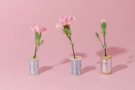 Three pink carnation flowers in a skein of thread on a pink background.