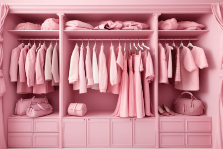 Pink wardrobe with different clothes and accessories on hangers, closeup. Only pink color.の素材