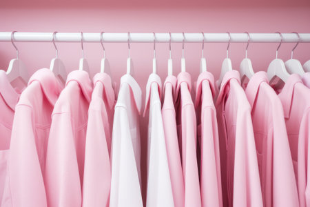 Row of pink shirts on hangers, closeup view. monochrome color. Only pink color.の素材