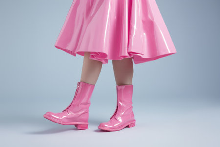 Cropped shot of woman in pink rubber boots and pink dress on a light blue background.の素材