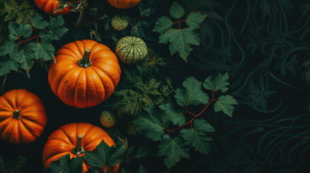 Autumn background with pumpkins and green leaves on dark background.の素材
