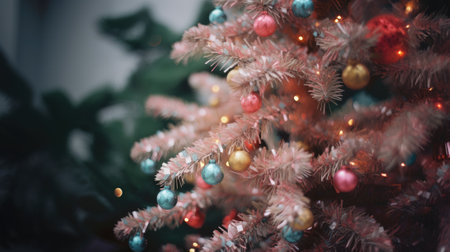 Christmas tree with colorful baubles, close-up, blurred background. Pastel colors.の素材