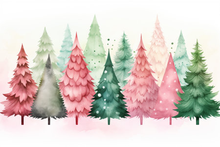 Watercolor green and pink Christmas trees. Hand drawn illustration. Christmas and New Year background.の素材