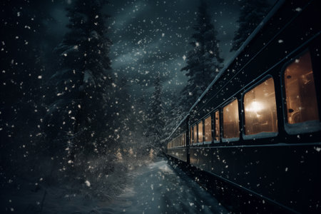 Train in the winter forest at night with snowfall. Winter landscape.の素材