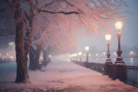 Winter park at night with snow covered trees and lanterns in fogの素材