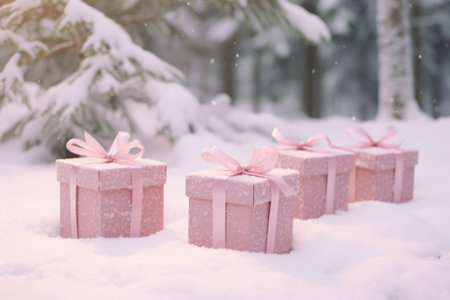 Pink gift boxes on snow in winter forest. Christmas and New Year concept.の素材