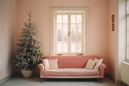Christmas tree in living room with pink sofa and window. 3d renderの素材
