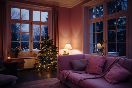 Interior of living room with Christmas tree, sofa and window.の素材