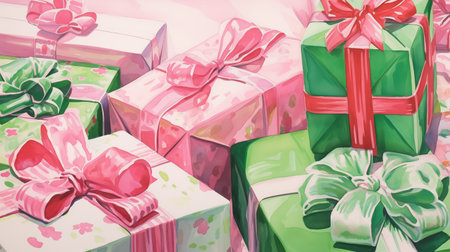 Green and pink gift boxes with ribbons and bows. New Year and Christmas concept. Holiday banner. Watercolor illustration. Vintage style.の素材