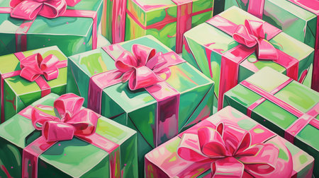 Green and pink gift boxes with ribbons and bows. New Year and Christmas concept. Holiday banner. Watercolor illustration. Vintage style.の素材
