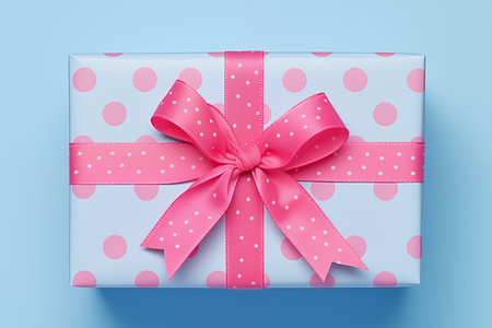 Blue gift box with pink bow on blue background. Polka dot wrapping paper. Flat lay, top view. Christmas and holiday concept.の素材