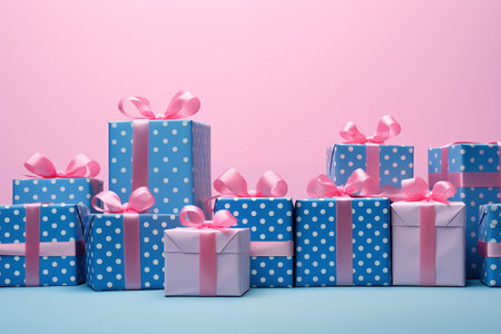 Gift boxes with pink ribbons on a blue and pink background. Polka dot wrapping paper. Pastel colors. Christmas and holiday concept.の素材
