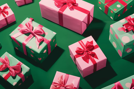 Pink anf green gift boxes on green background, top view, flat lay.の素材