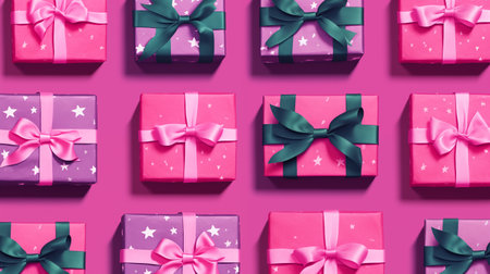 Pattern of pink and purple gift boxes with green and pink ribbons on pink background.の素材
