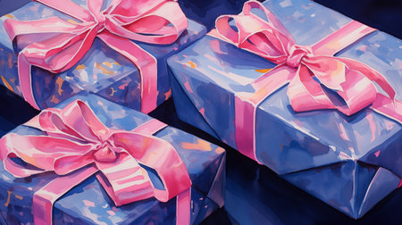 Blue gift boxes with pink ribbons on a dark blue background. New Year and Christmas concept. Holiday banner. Watercolor illustration. Vintage style.の素材