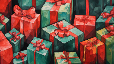 Red and green gift boxes with red ribbons and bows. Holiday banner. New Year and Christmas concept. Watercolor painting illustration. Vintage style.の素材