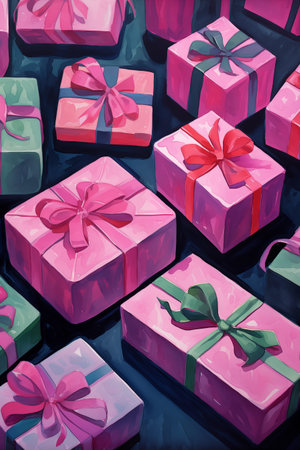 Pink and green gift boxes with ribbons and bows. Holiday banner. New Year and Christmas concept. Watercolor painting illustration. Vintage style.の素材