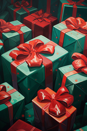 Red and green gift boxes with red ribbons and bows. Holiday banner. New Year and Christmas concept. Watercolor painting illustration. Vintage style.の素材