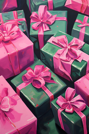 Pink and green gift boxes with pink ribbons and bows. Holiday banner. New Year and Christmas concept. Watercolor painting illustration. Vintage style.の素材
