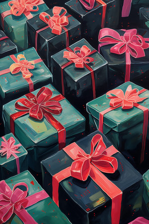 Green gift boxes with red ribbons and bows. Holiday banner. New Year and Christmas concept. Watercolor painting illustration. Vintage style.の素材