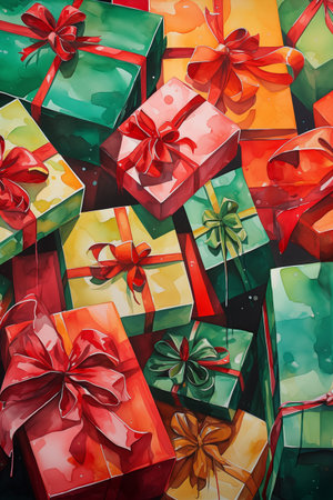 Red and green gift boxes with red ribbons and bows. Holiday banner. New Year and Christmas concept. Watercolor painting illustration. Vintage style.の素材