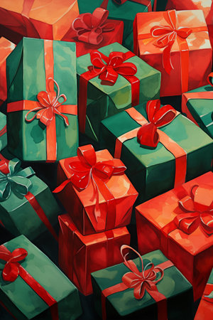 Red and green gift boxes with red ribbons and bows. Holiday banner. New Year and Christmas concept. Watercolor painting illustration. Vintage style.の素材