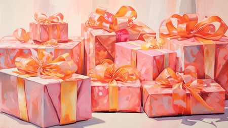 Light orange and peach gift boxes with red ribbons and bows. Holiday banner and card. New Year and Christmas concept. Watercolor painting illustration. Vintage style.の素材