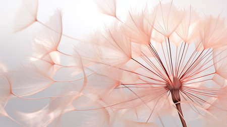 Dandelion seeds on light background. Light peach and pink colors.の素材