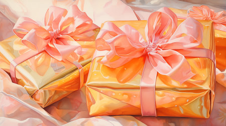 Light orange and peach gift boxes with red ribbons and bows. Holiday banner and card. New Year and Christmas concept. Watercolor painting illustration. Vintage style.の素材