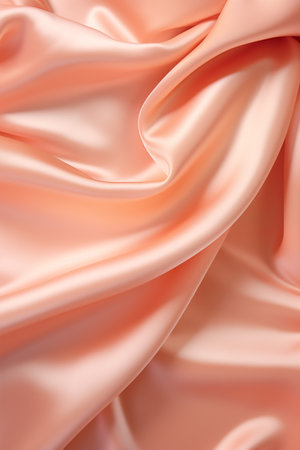 Closeup of rippled light peach color silk fabric. Background light peach. Copy space.の素材