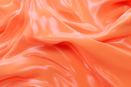 Abstract background with smooth wavy lines in peach fuzz colors. Closeup of rippled orange satin fabric texture.の素材