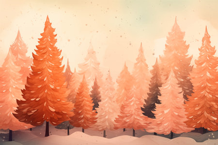 Winter forest landscape with pine trees and snow on the ground, peach fuzz colors. Watercolor illustration.の素材