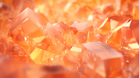 Close up of a lot of cut diamonds in peach fuzz color. 3d rendering of crystal pieces in orange light. Abstract background and texture for design. Soft focus.の素材