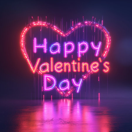 Valentines day background with glowing neon sign and heart. Happy Valentine's Day card.の素材