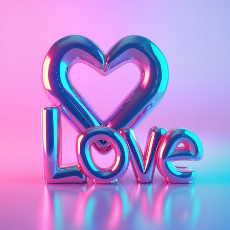 Valentine's day card with love lettering. Heart-shaped balloon. 3D rendering.の素材