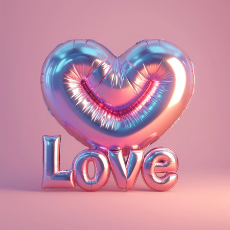 Valentine's day card with love lettering. Heart-shaped balloon. 3D rendering.の素材