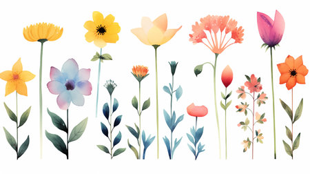 Set of hand drawn watercolor flowers and plants on white background.の素材