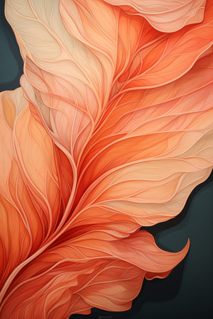 Abstract waves with orange and peach fuzz colors on a black background. Pattern with abstract leaves.の素材