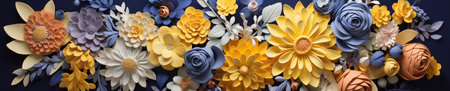 Colorful paper flowers on dark blue background. Horizontal illustration for banner design.の素材