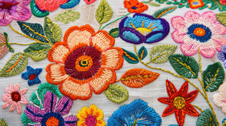 Colorful flowers embroidery on the fabric. Vibrant embroidery background. Floral designs showing detailed stitch work. Close up view.の素材