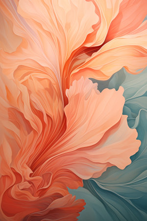Abstract waves with orange and peach fuzz colors on a blue background. Pattern with abstract leaves.の素材
