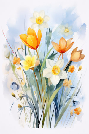 Watercolor illustration of daffodils and tulips on a blue background. Spring concept.の素材