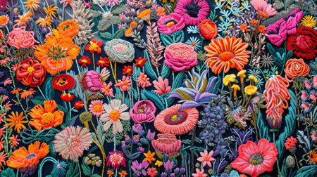 Colorful flowers embroidery on the fabric. Vibrant embroidery background. Floral designs showing detailed stitch work. Close up view.の素材