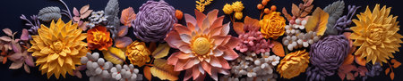 Colorful paper flowers on dark background. Horizontal illustration for banner design.の素材
