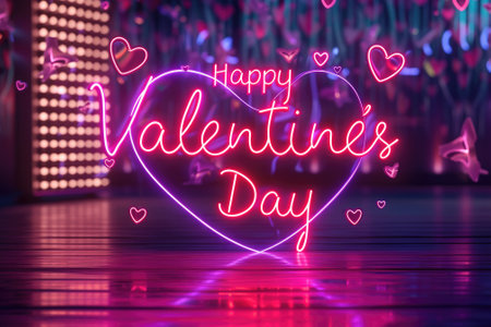 Valentines day background with glowing neon sign and heart. Happy Valentine's Day card.の素材