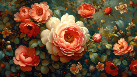 Red and pink roses on a green background. Floral illustration in vintage style.の素材