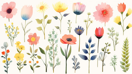 Set of hand drawn watercolor flowers and plants on white background.の素材